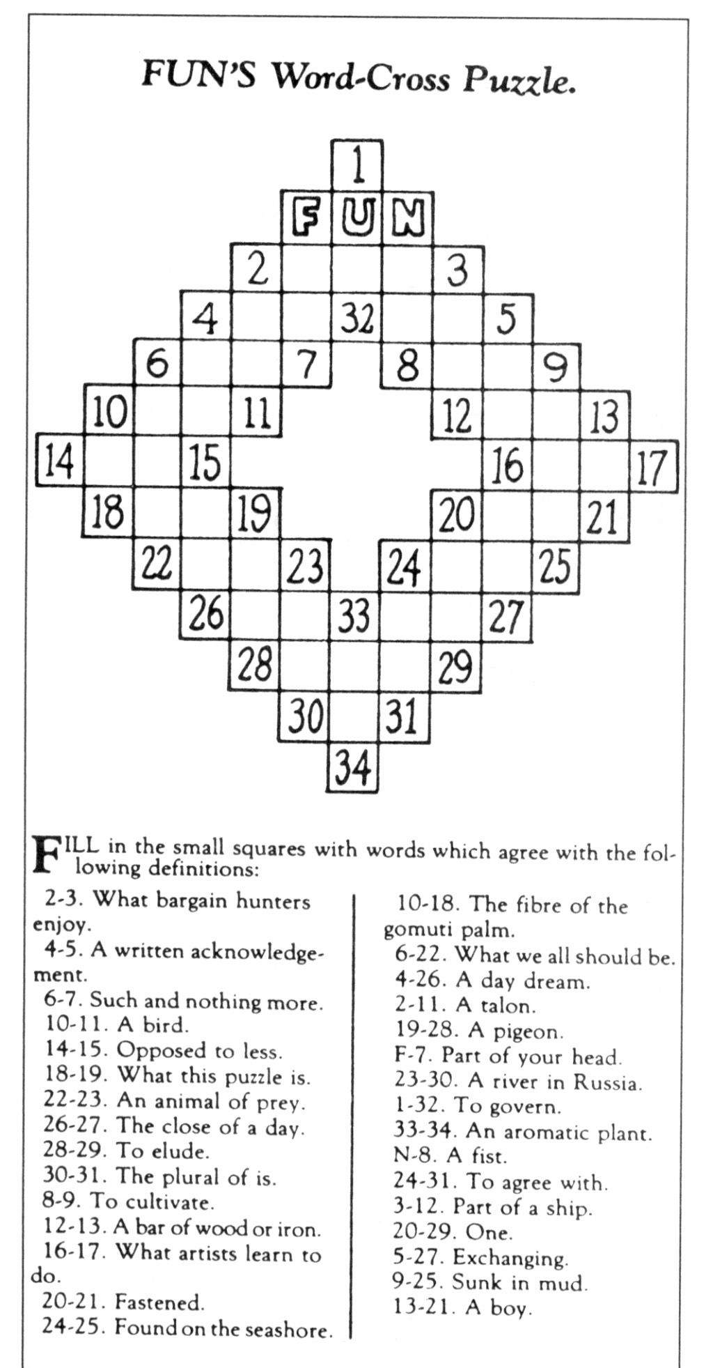 Image of CROSSWORD PUZZLE, 1913. - Solution To The First Crossword Puzzle,  From The 'fun' Supplement Of The Sunday Edition Of The New York 'World,' 21  December 1913. From Granger - Historical Picture Archive