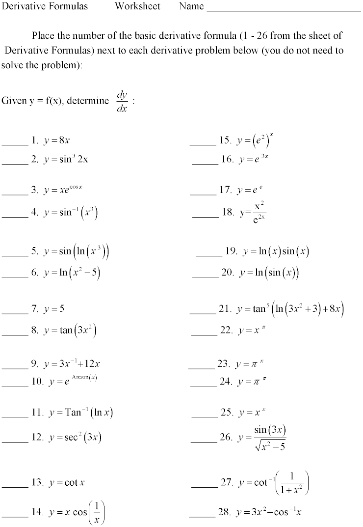 derivatives of trig functions worksheet with solutions pdf